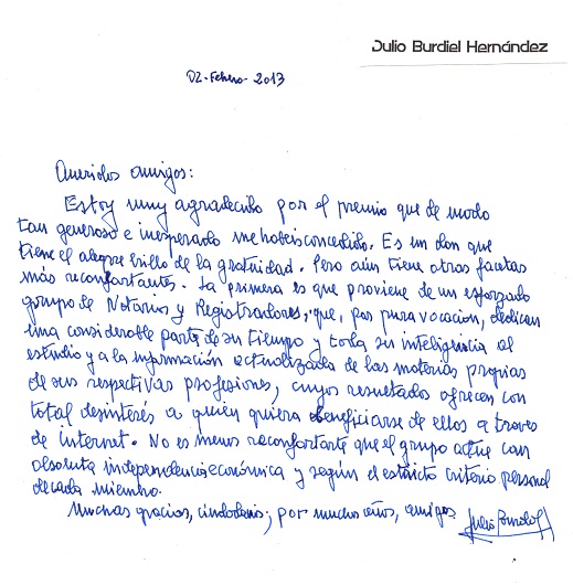 Carta manuscrita de Julio Buediel Hernández.