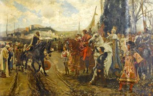 Las Capitulaciones de Granada. Boabdil entrega las llaves de la ciudad a los Reyes Católicos. Cuadro de F. Padilla.